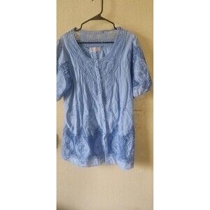 Pretty Angel Womens Tunic Top Sz Large Blue Embroidered Linen Blend